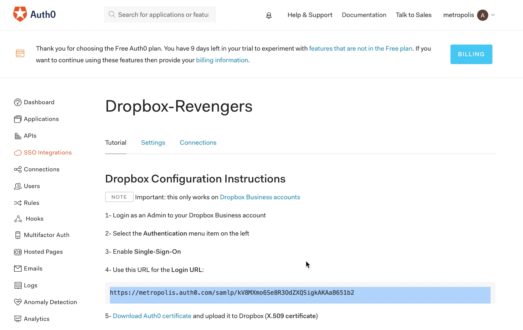 Drop Box configuration screen