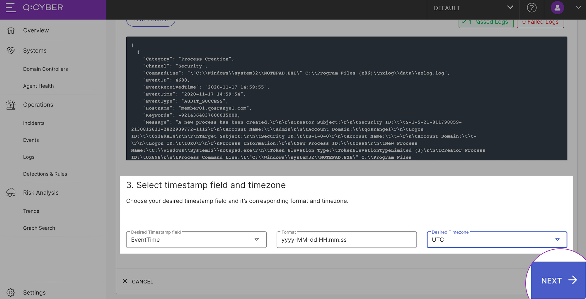 Q:CYBER Test Parser: specify log event time field screen shot