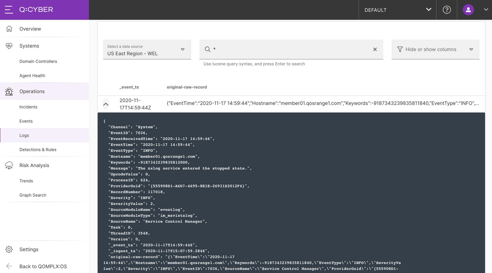 Log Source Data Flowing in Q:CYBER Screen Shot 