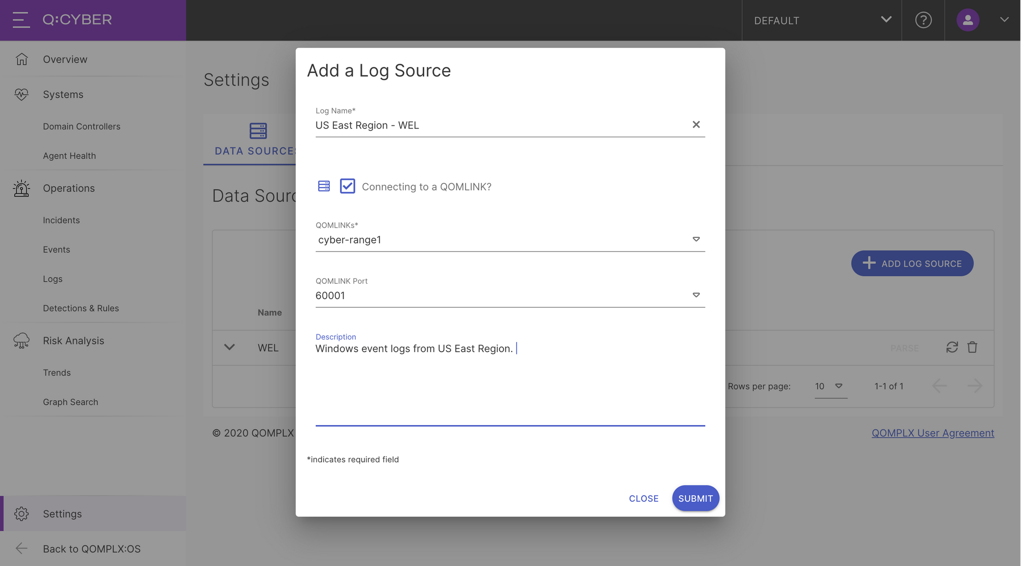 Q:CYBER Add Log Source Feature Entry Screen