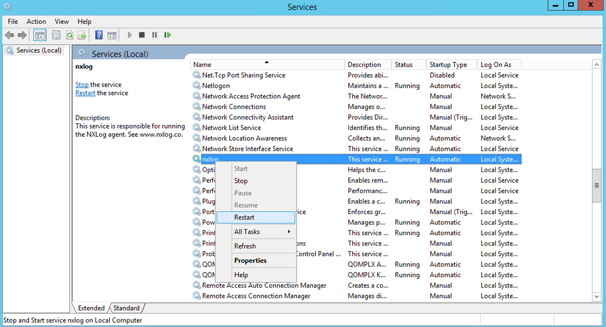 Restarting the nxlog server screen shot